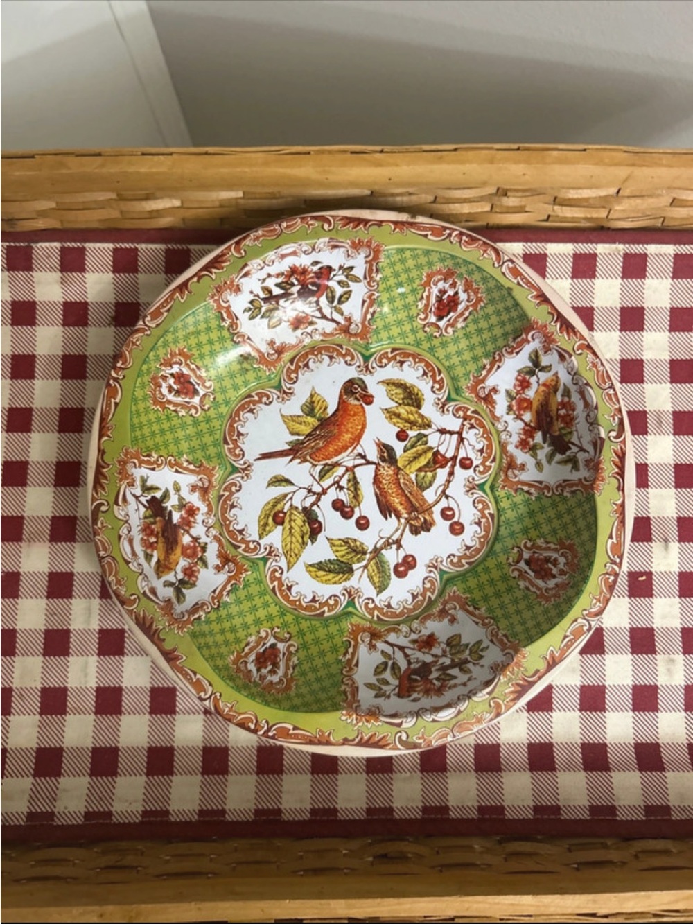 1970s-1980s Vintage Scalloped Tin Bowl Birds Cherries